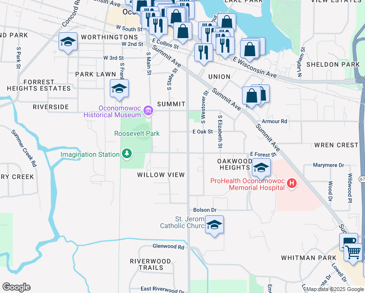 map of restaurants, bars, coffee shops, grocery stores, and more near 737 South State Street in Oconomowoc