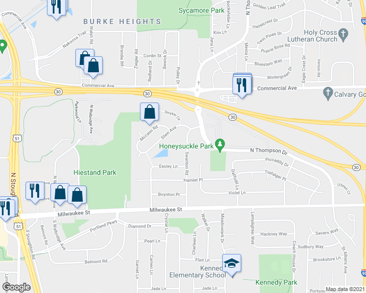 map of restaurants, bars, coffee shops, grocery stores, and more near 204 Swanton Road in Madison