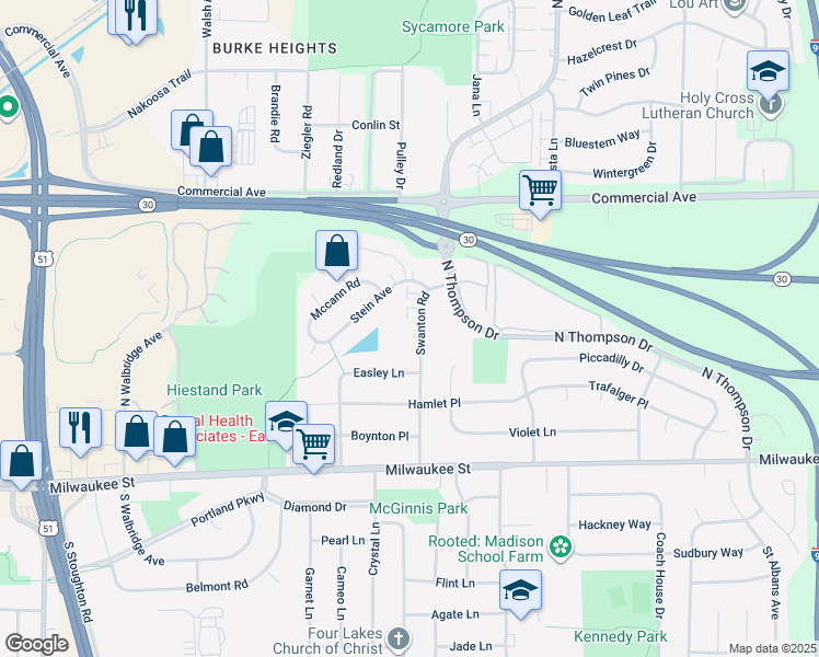 map of restaurants, bars, coffee shops, grocery stores, and more near 204 Swanton Road in Madison