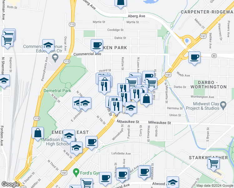 map of restaurants, bars, coffee shops, grocery stores, and more near 2625 East Lawn Court in Madison
