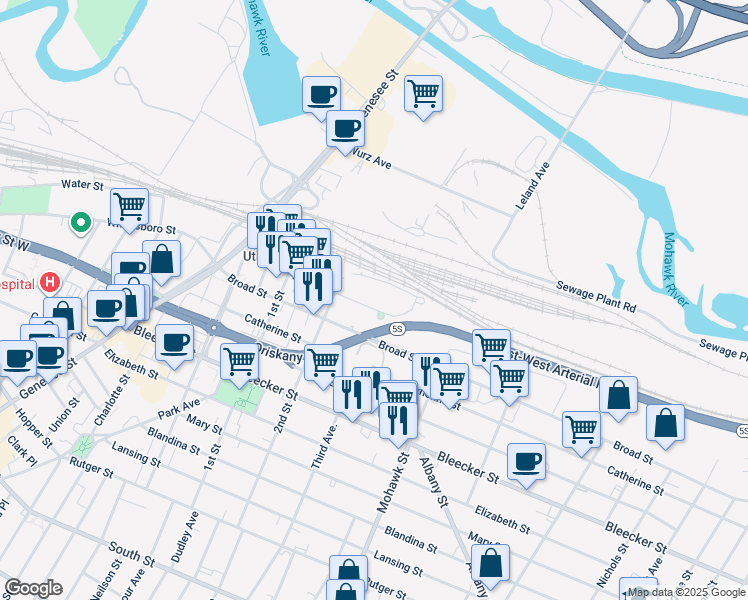 map of restaurants, bars, coffee shops, grocery stores, and more near 533 Main Street in Utica