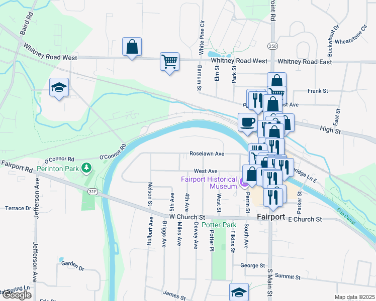 map of restaurants, bars, coffee shops, grocery stores, and more near 88 Roselawn Avenue in Fairport