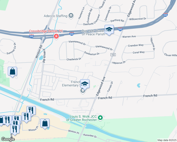 map of restaurants, bars, coffee shops, grocery stores, and more near 132 Greystone Lane in Rochester