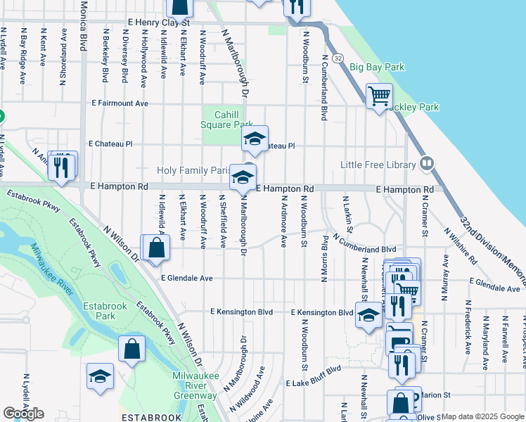 map of restaurants, bars, coffee shops, grocery stores, and more near 4750 North Marlborough Drive in Whitefish Bay