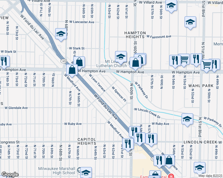 map of restaurants, bars, coffee shops, grocery stores, and more near 6175 West Spencer Place in Milwaukee