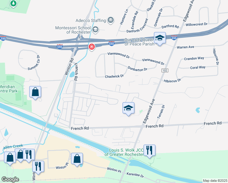 map of restaurants, bars, coffee shops, grocery stores, and more near 168 Greystone Lane in Rochester