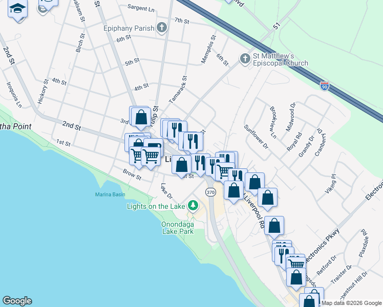 map of restaurants, bars, coffee shops, grocery stores, and more near 300 Cypress Street in Liverpool