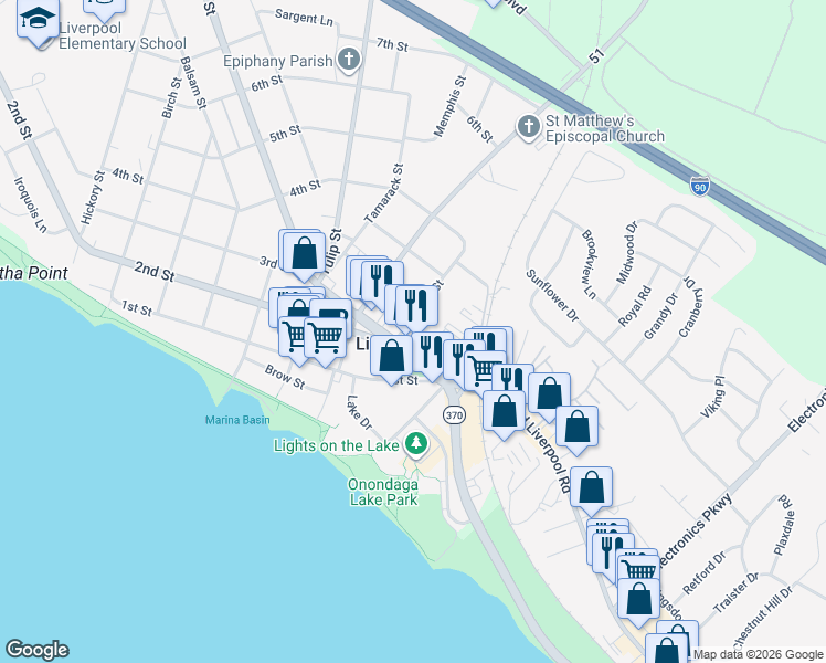 map of restaurants, bars, coffee shops, grocery stores, and more near 300 Cypress Street in Liverpool