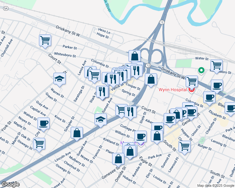 map of restaurants, bars, coffee shops, grocery stores, and more near 716 Court Street in Utica