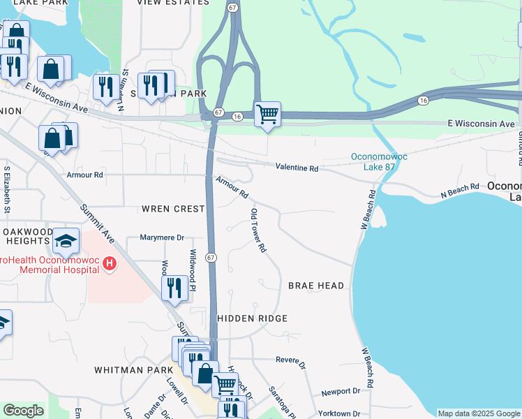 map of restaurants, bars, coffee shops, grocery stores, and more near 701 Old Tower Road in Oconomowoc