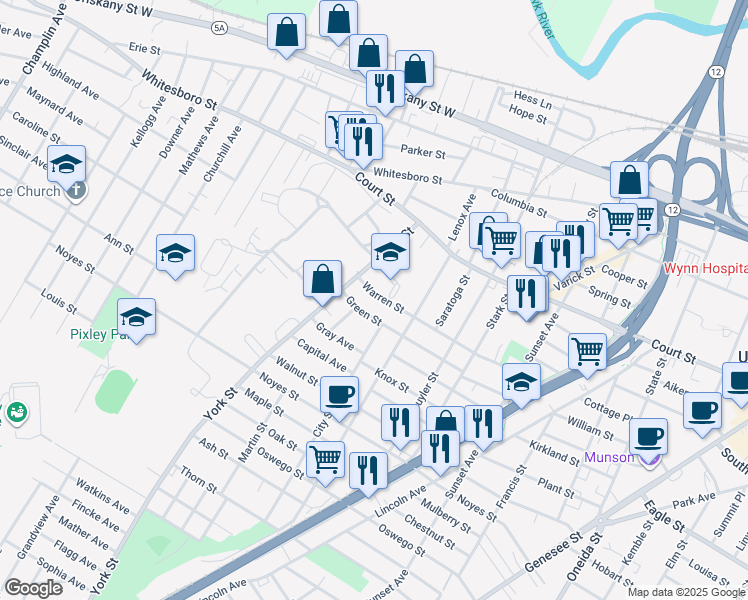 map of restaurants, bars, coffee shops, grocery stores, and more near 1212 Green Street in Utica