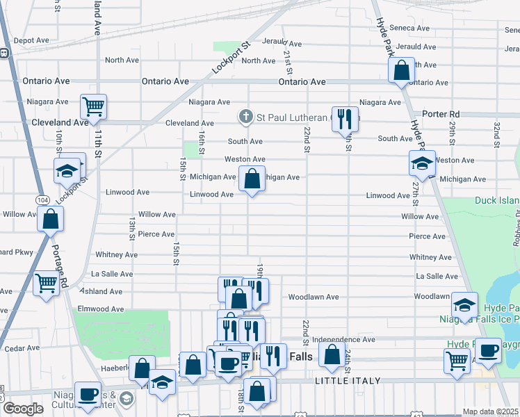 map of restaurants, bars, coffee shops, grocery stores, and more near 1425 18th Street in Niagara Falls