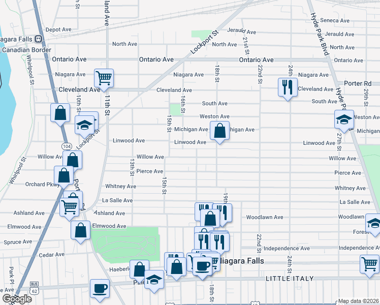 map of restaurants, bars, coffee shops, grocery stores, and more near 1541 Willow Avenue in Niagara Falls