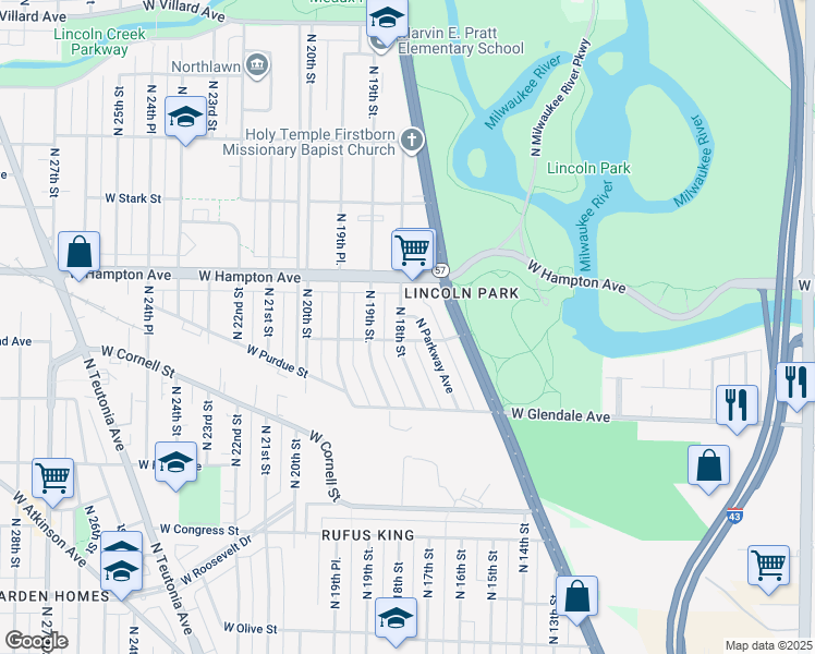 map of restaurants, bars, coffee shops, grocery stores, and more near 4702 North 18th Street in Milwaukee