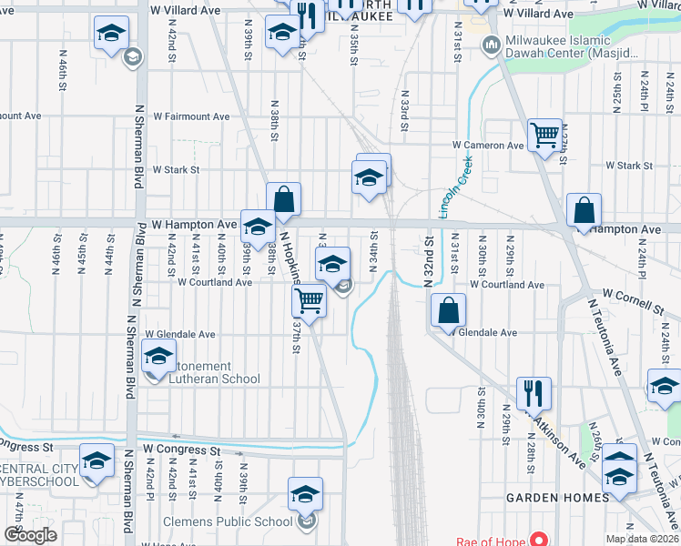 map of restaurants, bars, coffee shops, grocery stores, and more near 4703 North 35th Street in Milwaukee