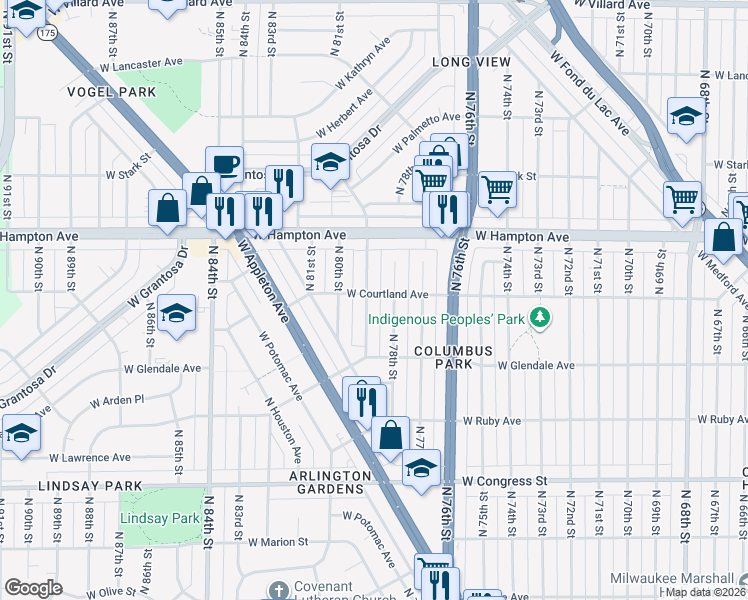 map of restaurants, bars, coffee shops, grocery stores, and more near 4667 North 79th Street in Milwaukee