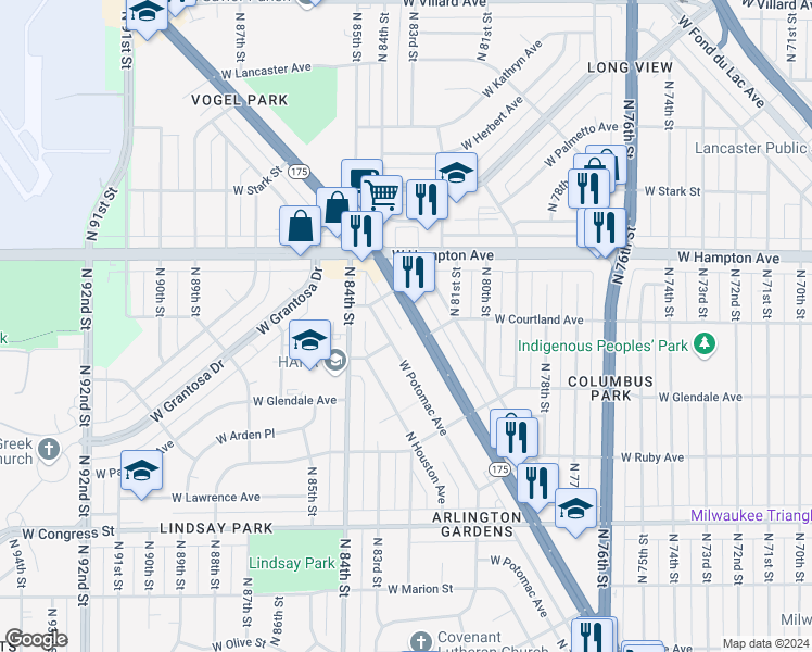 map of restaurants, bars, coffee shops, grocery stores, and more near 8266 West Potomac Avenue in Milwaukee