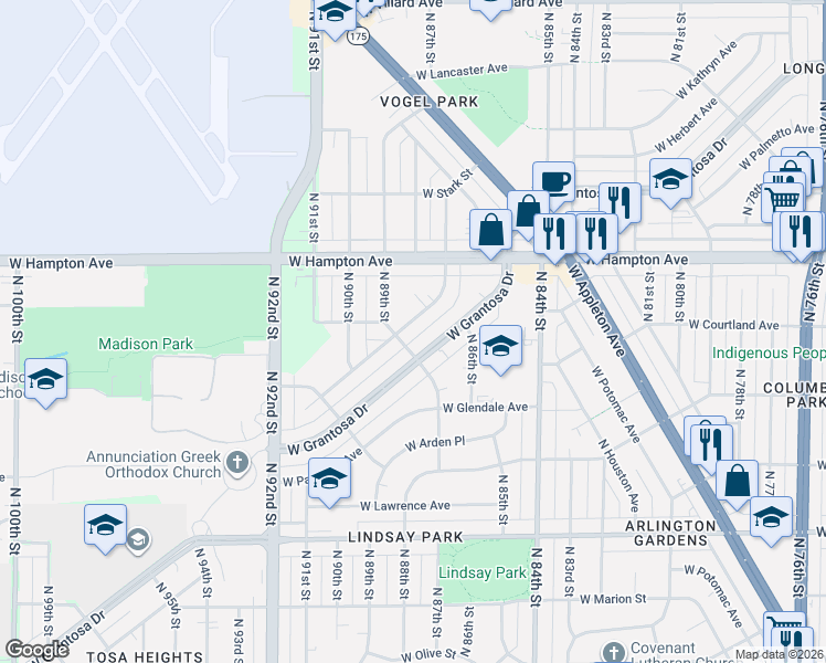 map of restaurants, bars, coffee shops, grocery stores, and more near 8644 West Grantosa Drive in Milwaukee