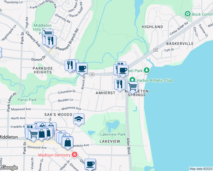 map of restaurants, bars, coffee shops, grocery stores, and more near 6330 Pheasant Lane in Middleton