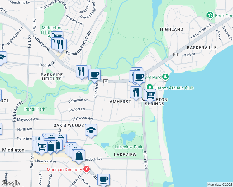 map of restaurants, bars, coffee shops, grocery stores, and more near 6330 Pheasant Lane in Middleton