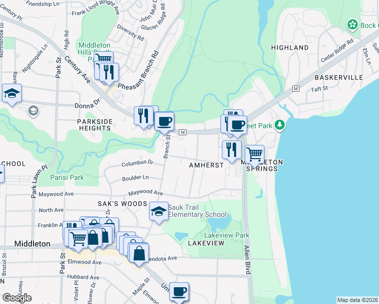 map of restaurants, bars, coffee shops, grocery stores, and more near 6433 Pheasant Lane in Middleton