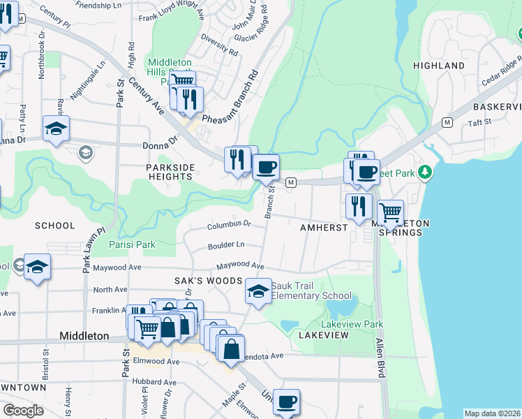 map of restaurants, bars, coffee shops, grocery stores, and more near 2533 Branch Street in Middleton