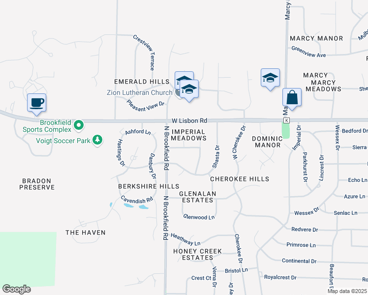 map of restaurants, bars, coffee shops, grocery stores, and more near 18682 Yorkshire Lane in Brookfield