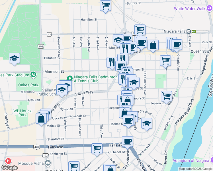 map of restaurants, bars, coffee shops, grocery stores, and more near in Niagara Falls