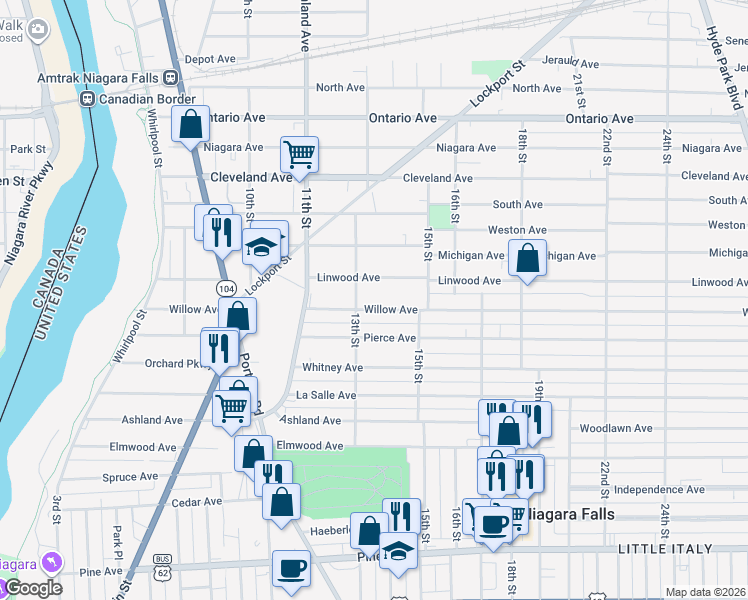 map of restaurants, bars, coffee shops, grocery stores, and more near 1331 Willow Avenue in Niagara Falls