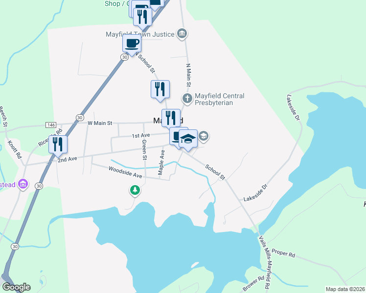 map of restaurants, bars, coffee shops, grocery stores, and more near 23 School Street in Mayfield