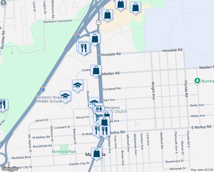 map of restaurants, bars, coffee shops, grocery stores, and more near 110 Campbell Road in Syracuse