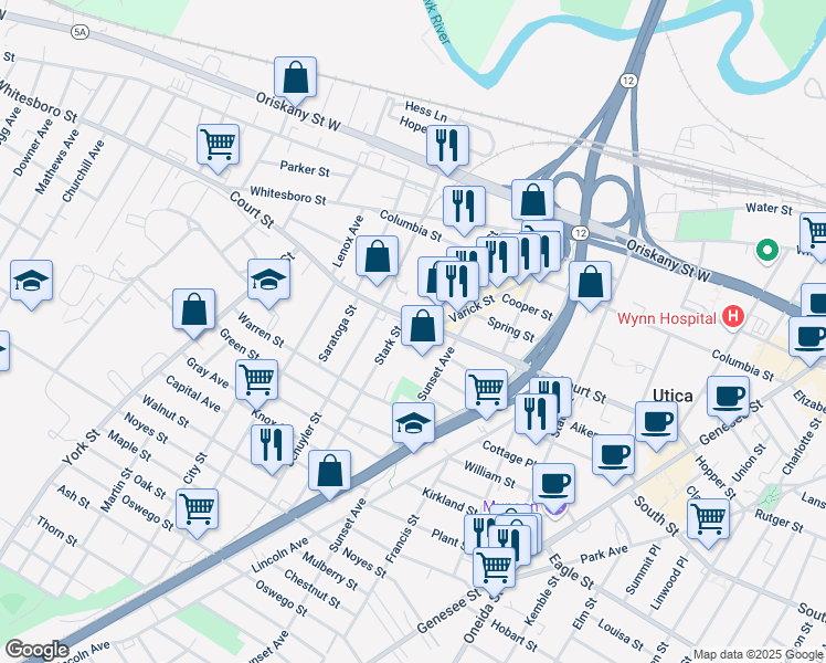 map of restaurants, bars, coffee shops, grocery stores, and more near 811 Court Street in Utica