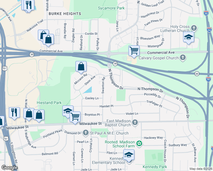 map of restaurants, bars, coffee shops, grocery stores, and more near 241 Swanton Road in Madison
