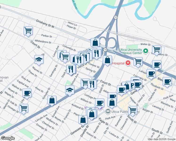 map of restaurants, bars, coffee shops, grocery stores, and more near 716 Court Street in Utica