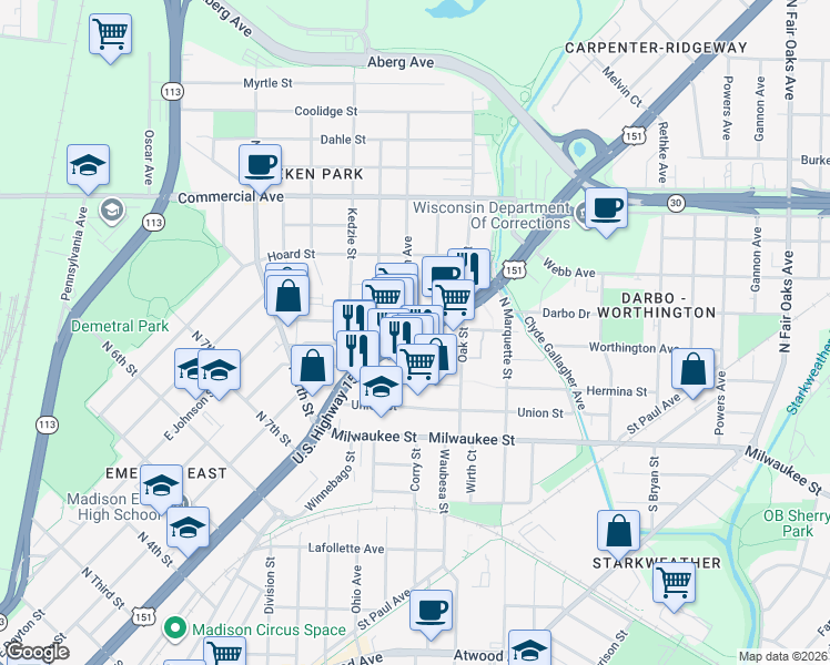 map of restaurants, bars, coffee shops, grocery stores, and more near 2800 E Washington Ave in Madison