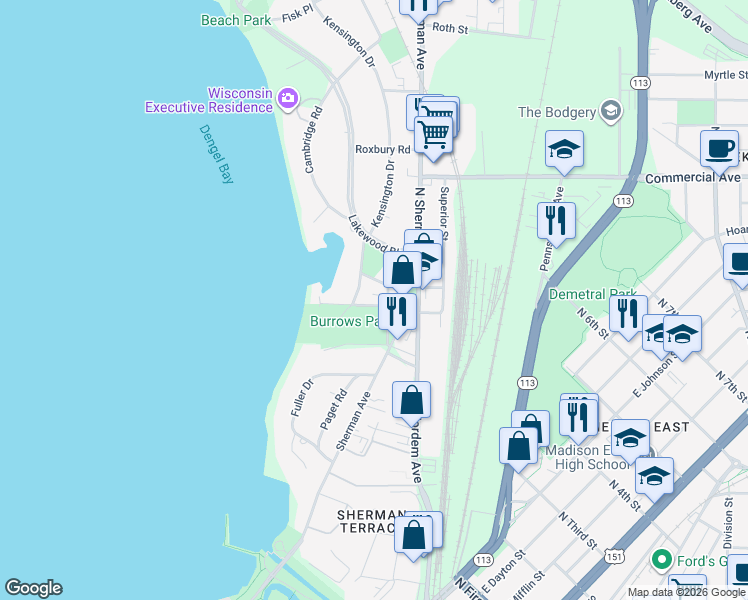 map of restaurants, bars, coffee shops, grocery stores, and more near 25 Burrows Road in Madison