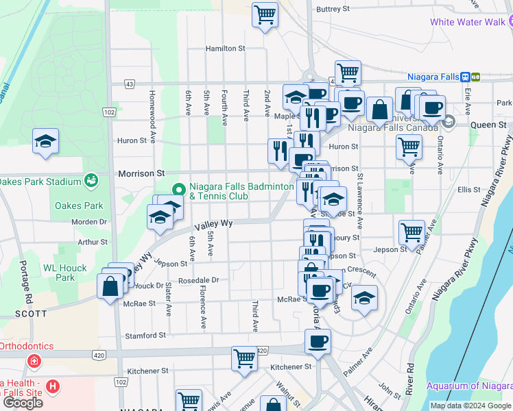 map of restaurants, bars, coffee shops, grocery stores, and more near 4994 Willmott Street in Niagara Falls