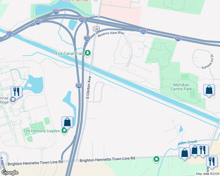 map of restaurants, bars, coffee shops, grocery stores, and more near 144 Brightwoods Lane in Rochester