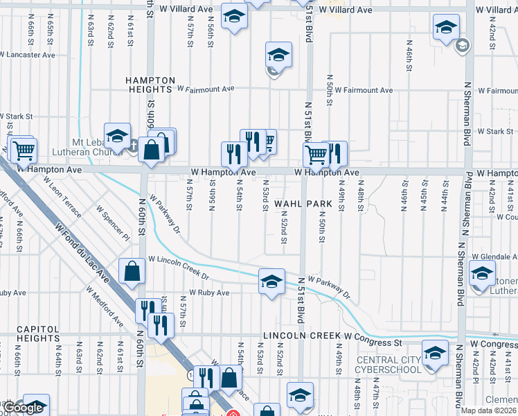 map of restaurants, bars, coffee shops, grocery stores, and more near 4675 North 53rd Street in Milwaukee