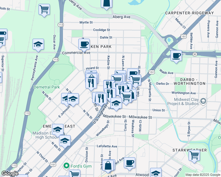map of restaurants, bars, coffee shops, grocery stores, and more near 209 Kedzie Street in Madison