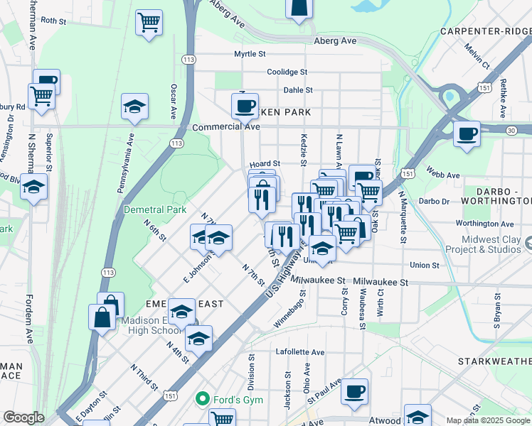 map of restaurants, bars, coffee shops, grocery stores, and more near in Madison