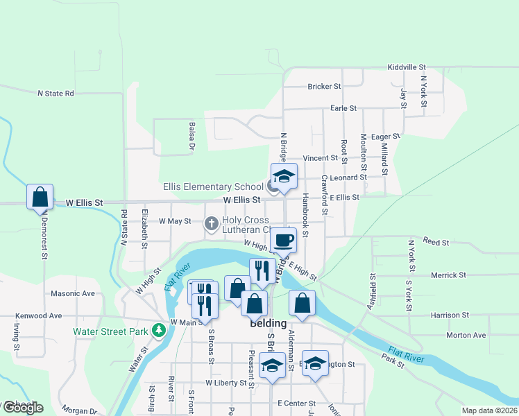 map of restaurants, bars, coffee shops, grocery stores, and more near 220 West May Street in Belding