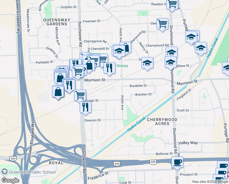 map of restaurants, bars, coffee shops, grocery stores, and more near 6705 Cropp Street in Niagara Falls