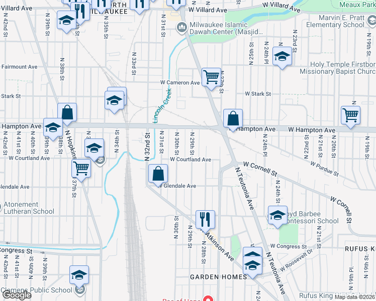 map of restaurants, bars, coffee shops, grocery stores, and more near 4723 North 29th Street in Milwaukee