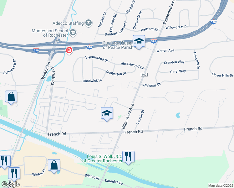 map of restaurants, bars, coffee shops, grocery stores, and more near 128 Greystone Lane in Rochester