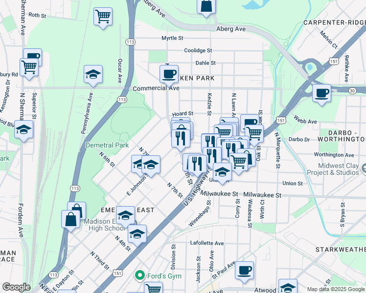 map of restaurants, bars, coffee shops, grocery stores, and more near 2617 East Johnson Street in Madison