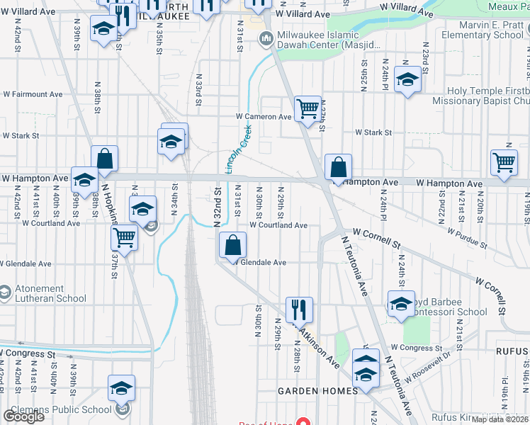 map of restaurants, bars, coffee shops, grocery stores, and more near 4722 North 30th Street in Milwaukee