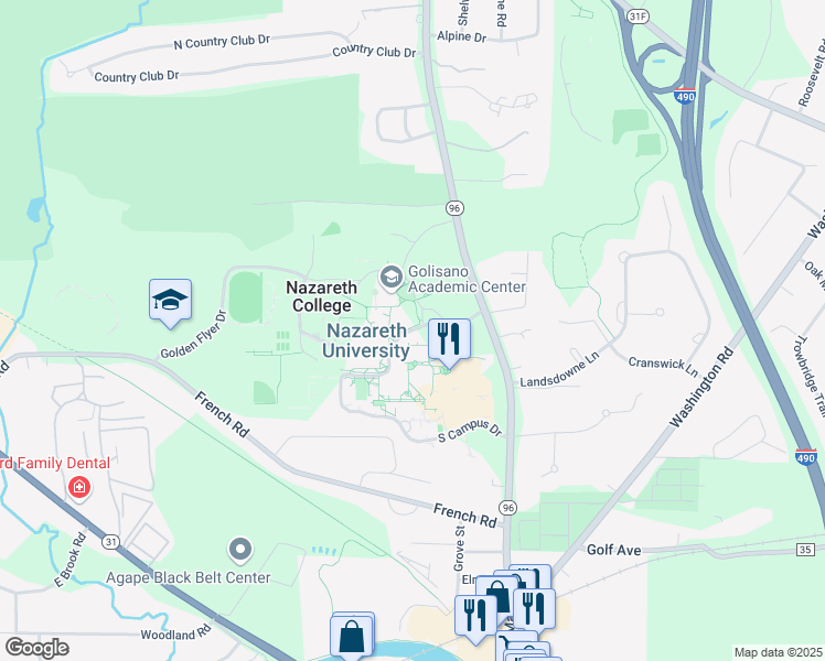 map of restaurants, bars, coffee shops, grocery stores, and more near North Campus Drive in Monroe County