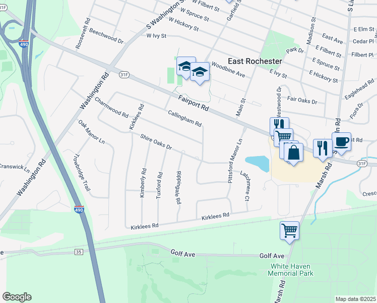 map of restaurants, bars, coffee shops, grocery stores, and more near 48 Shire Oaks Drive in Pittsford