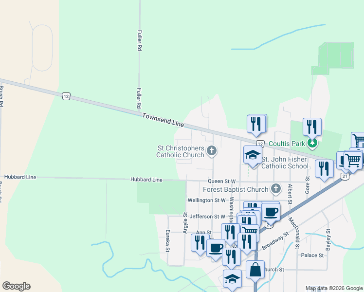 map of restaurants, bars, coffee shops, grocery stores, and more near 84 Union Street in Lambton Shores